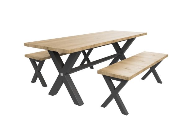 Table + bench with X shape legs and support frame