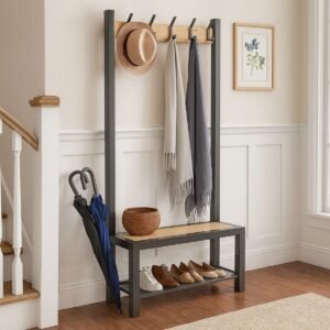 Industrial Hallway Steel & Oak Bench, Shoe Storage & Coat Rail - Image 1