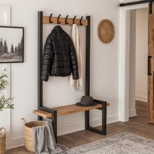 Industrial Hallway Steel And Oak Bench With Coat Rail - Image 1