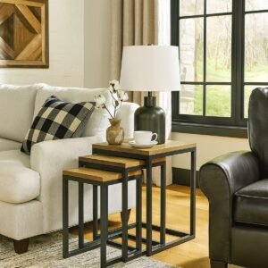 Nest of Steel & Solid Oak Tables - Image 1