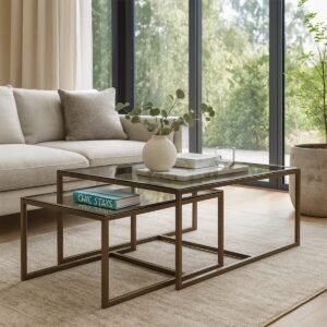 Balmoral Steel & Glass Pair of Intersecting Cuboid Coffee Tables - Image 1