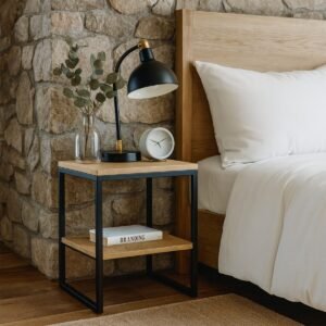 Steel & Solid Oak side table with shelf - Image 4