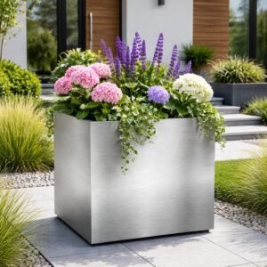 Square Outdoor Stainless Steel Planter - Image 1
