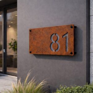 Corten Steel Rectangle House Address Number Sign - Image 1