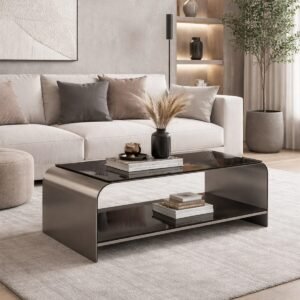 Waterfall Steel & Glass Coffee Table With Shelf - Image 1